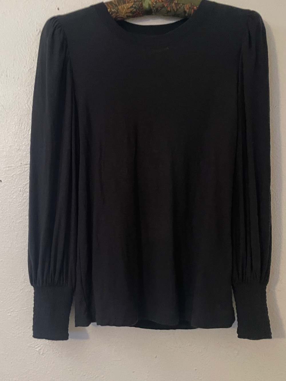 Nation LTD Loren Pima Cotton Balloon Sleeve Smocked Cuff Black Knit Top XS